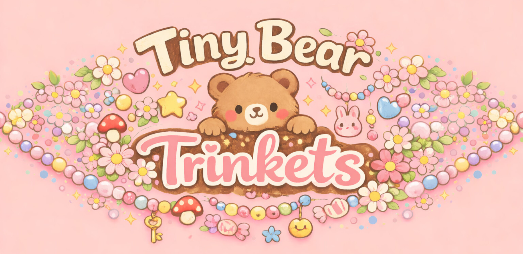 Logo of Tiny Bear Trinkets with a teddy bear and decorative elements on a pink background